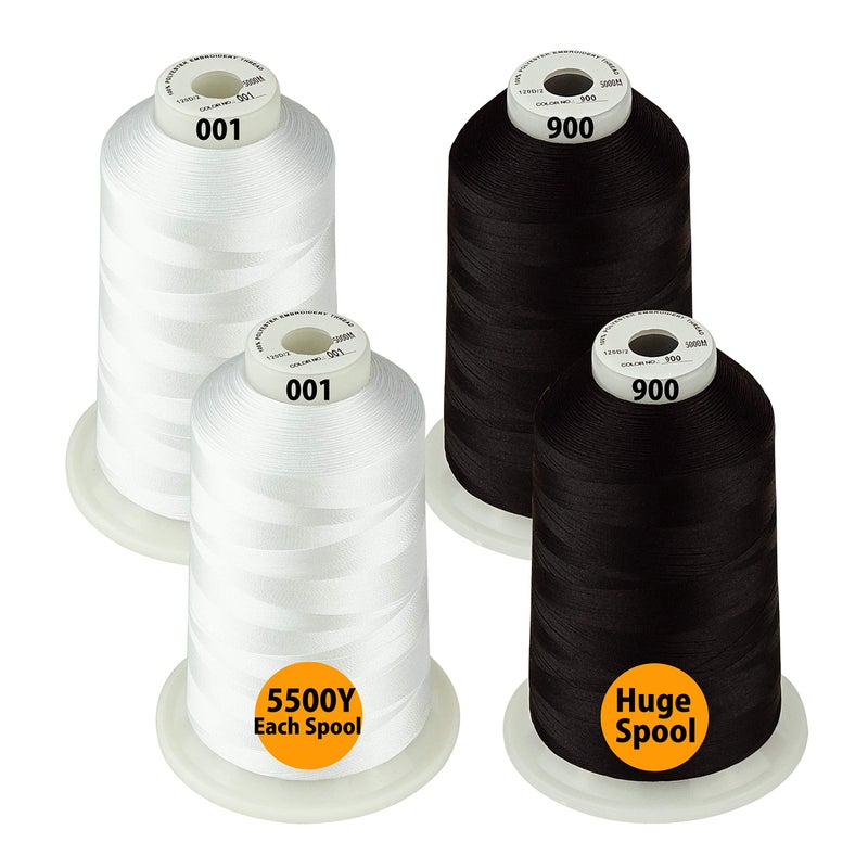 Simthread - 33 Selections - Various Assorted Color Packs of Polyester Embroidery Machine Thread Huge Spool 5500Y for All Purpose Sewing Embroidery Machines - 2White+2Black - Image 1